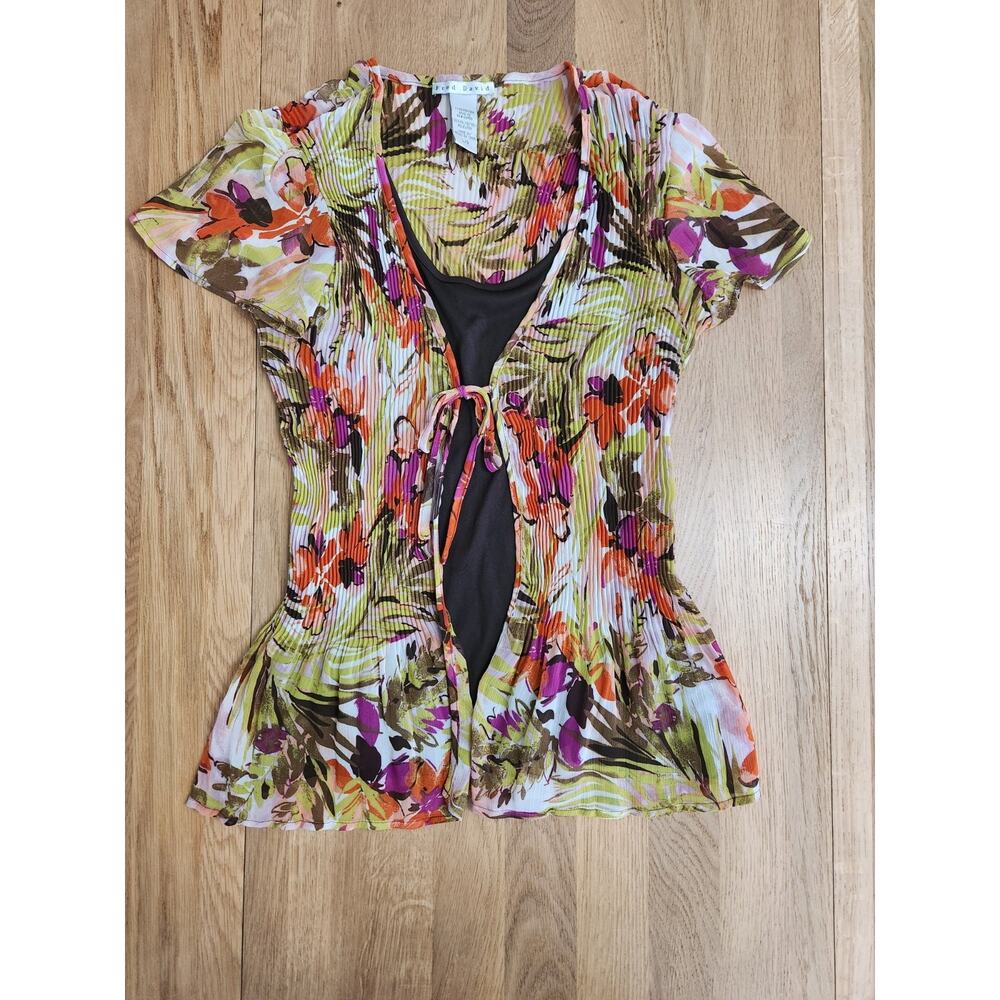 Vtg‎ 90s Y2K Colorful Mesh Top Short Sleeve Tie Front Tank Top Crimp Phoebe Lg